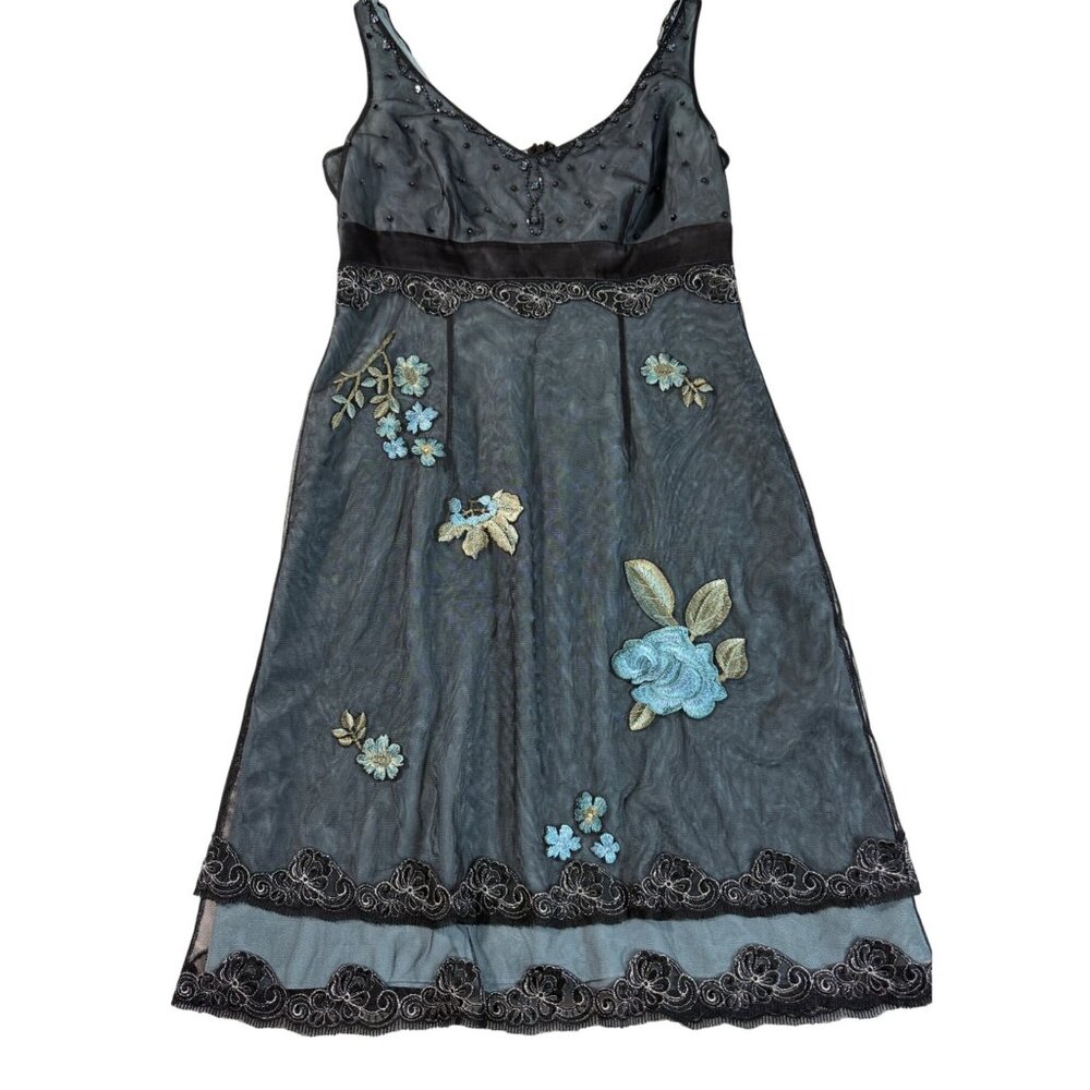 Vintage Teal Black Y2K Embroidered Silk Dress 10 Glam Fairy Dark Whimsigoth Bead